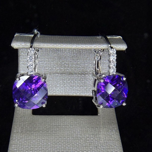 FESHIONN IOBI Purple Cushion Cut Drop Earrings - Picture 1 of 2